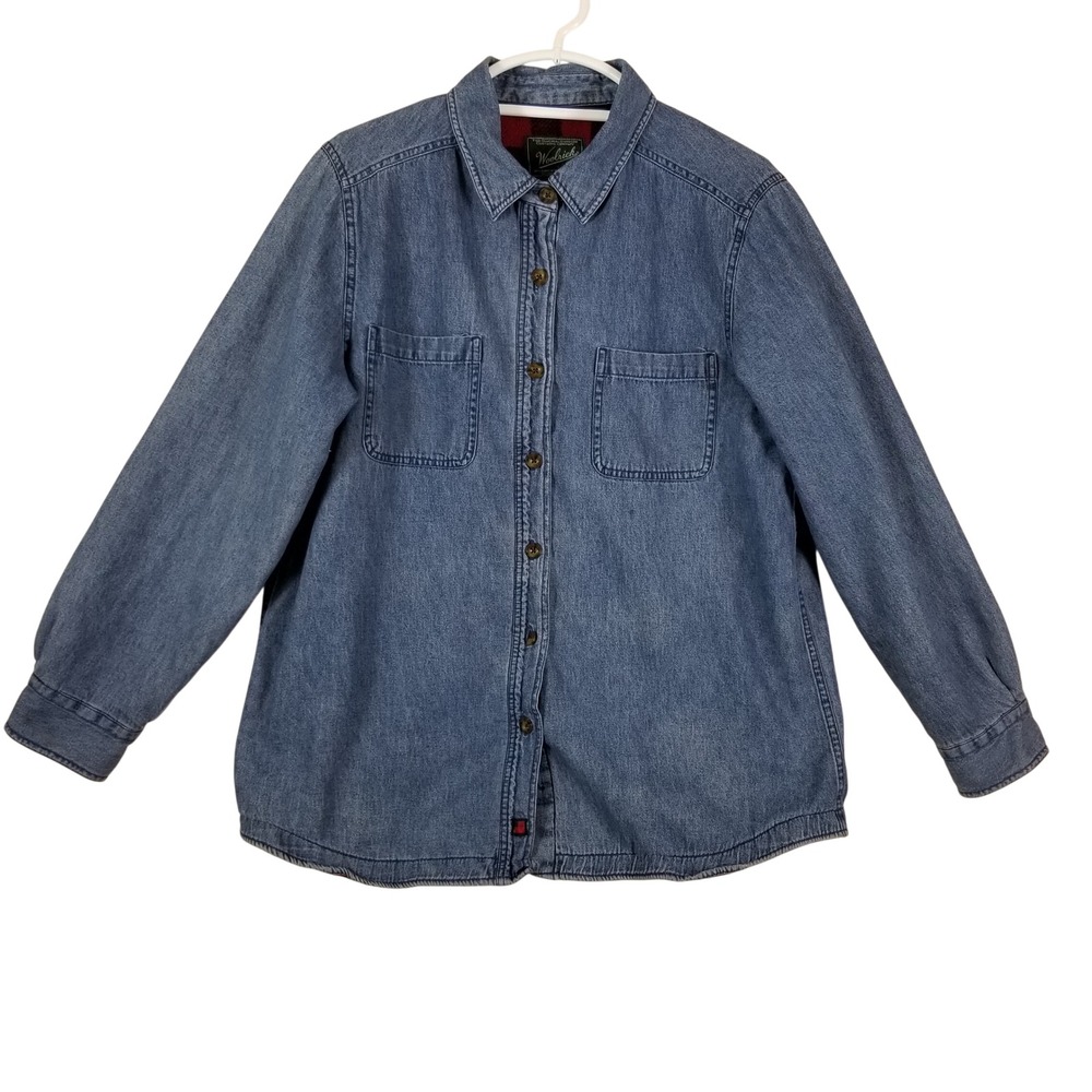 Woolrich Womens Denim Shirt Jacket L Fleece Lined Buffalo Plaid Blue 23603